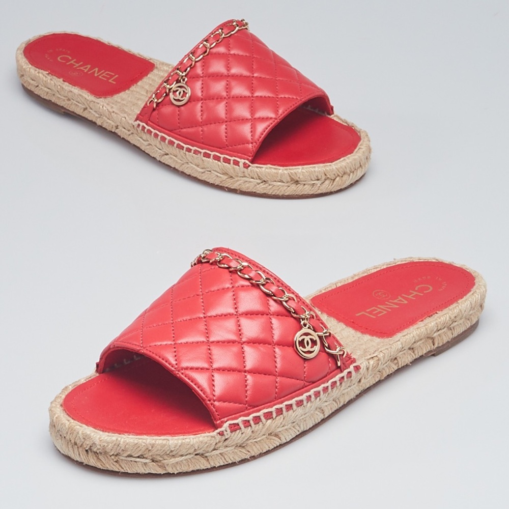 CHANEL Lambskin Leather Quilted Red Espadrilles w Gold Hardware